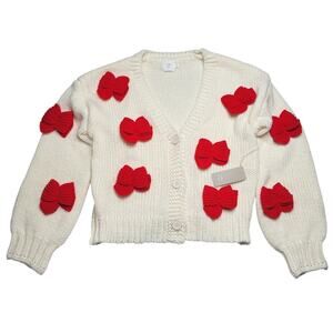 Luna Ivy Viral 3D Bow Chunky Sweater Button Cardigan White Red Valentine Small